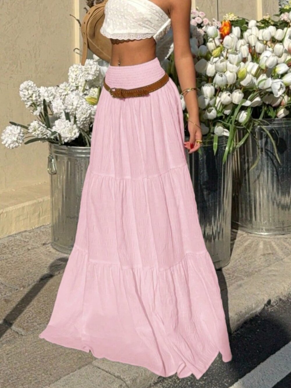 Pink Casual Women's Pleated Waist Ruffle Hem Skirt